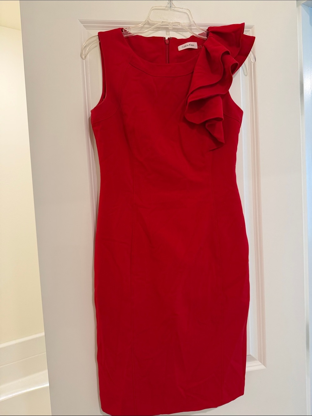 Calvin Klein Red One-Shoulder Ruffle Sheath Dress